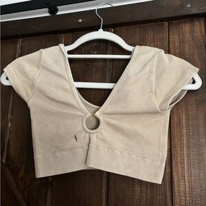 Beige Ribbed V-Neck Crop Top